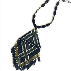 Beadweaving boho festival pendant necklace with onyx and crystals
